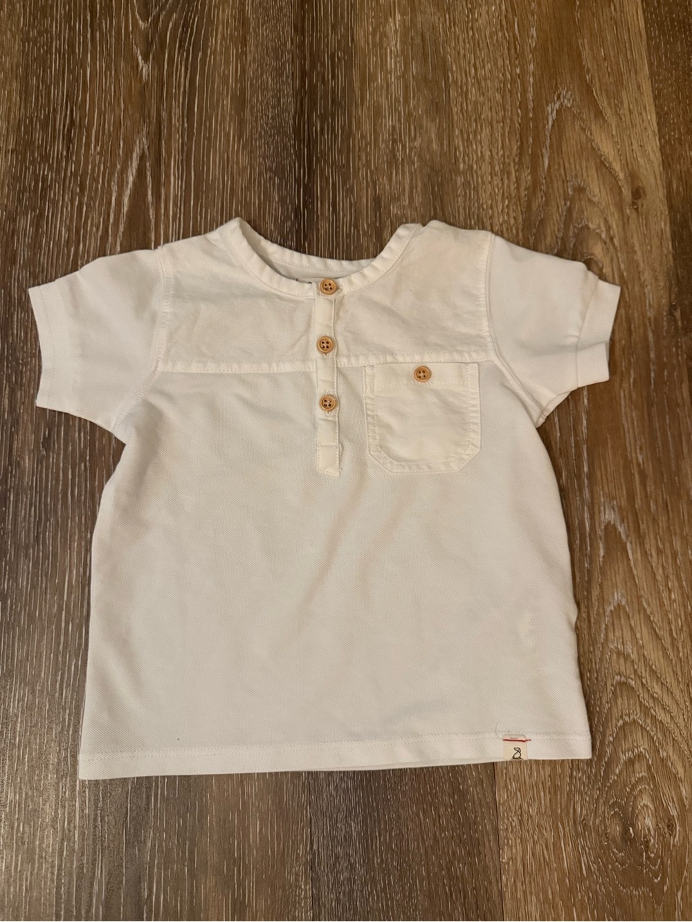 White Short-Sleeve Henley Tee with Pocket for Kids